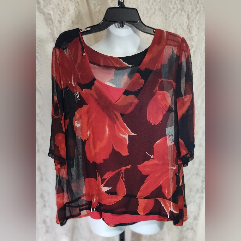 Floral Sheer Red and Black Floral Women's Top